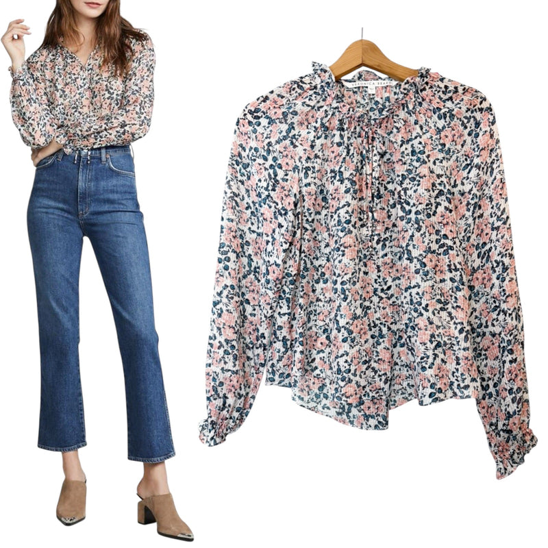 VERONICA BEARD Antonette Top Silk Floral White Blue Long Sleeve Top Blouse 4 EUC