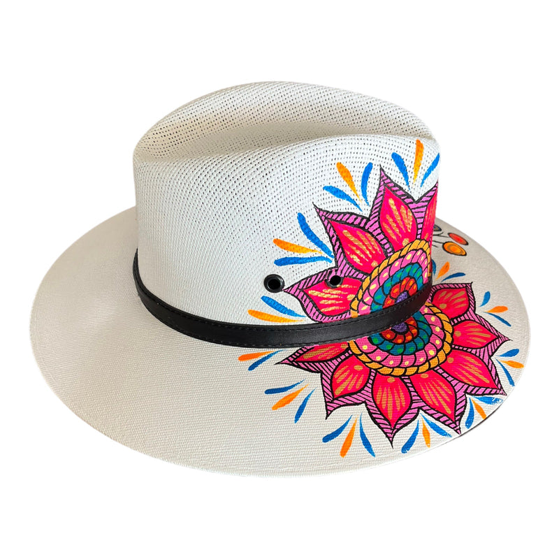 HAT MEXICAN Artisanal Hand Painted Fedora Mandala Sombrero Panama Bohemian White