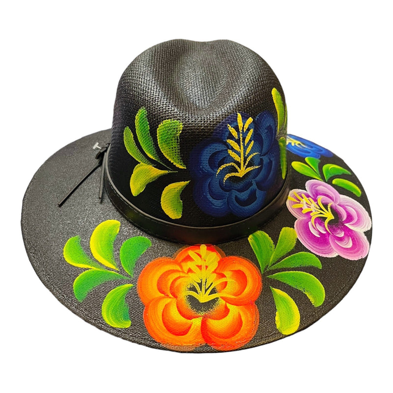 HAT MEXICAN Artisanal Hand Painted Fedora Floral Sombrero Panama Bohemian Black