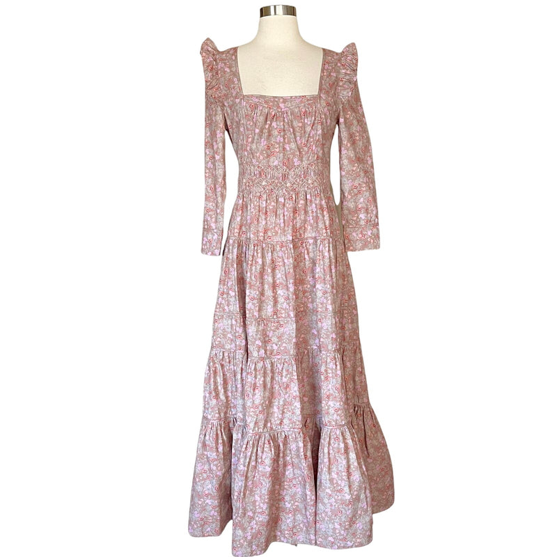 LOVESHACKFANCY Lyna Maxi Dress Tan Garden Cotton Ruffle Floral Pink S 4-6 Sample