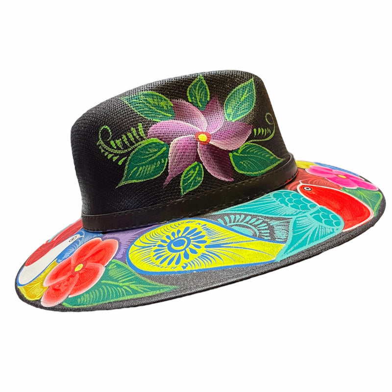 HAT MEXICAN Artisanal Hand Painted Fedora Floral Sombrero Panama Bohemian Black