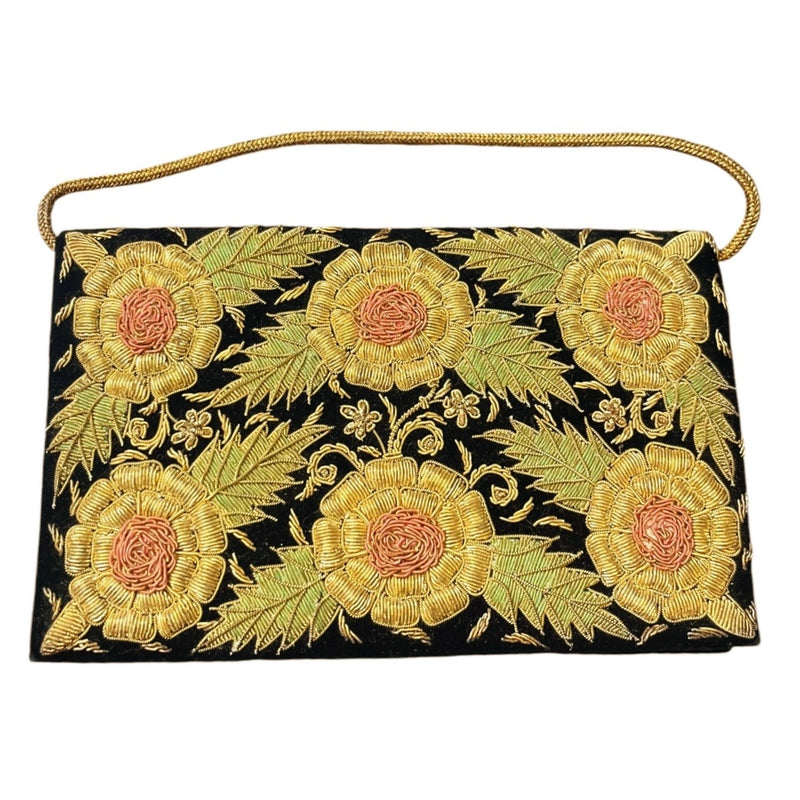 VINTAGE ZARDOZI Metal Embroidered Envelope Clutch Gold Black Velvet Handmade