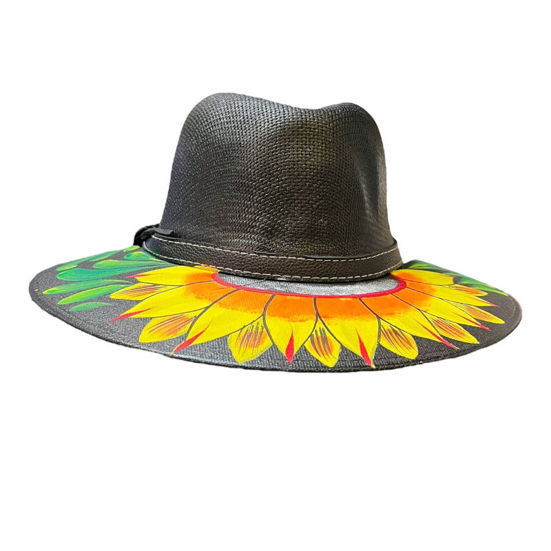 HAT MEXICAN Artisanal Hand Painted Fedora Sunflower Sombrero Panama Bohon Black