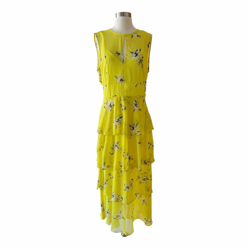 GREAT JONES Floral Silky Chiffon Tiered Dress Maxi Sleeveless Yellow Crew Neck
