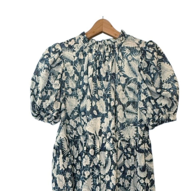 ULLA JOHNSON Dahlia Dress Blue Batik Short Puff Sleeves Crew Neck Silk Lurex 2