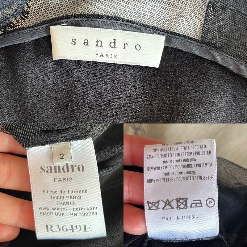 SANDRO Illusion Black Dress Shift Crepe & Tulle Lace Short Sleeves LBD 2 Small