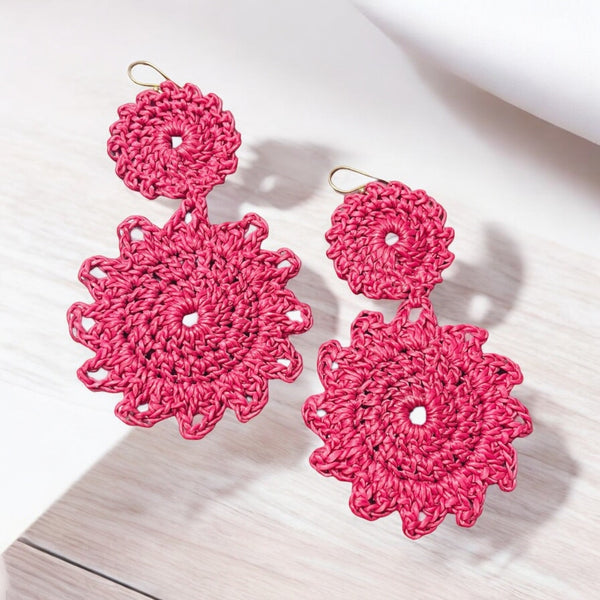 ROLLER RABBIT Macrame Earring Berry Pink Hook Crochet Boho Casual NEW