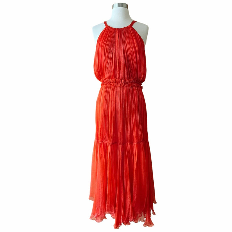 MARIA LUCIA HOHAN Maella Silk Tent Dress Red Chiffon Ruffled Plisse Halter Gown