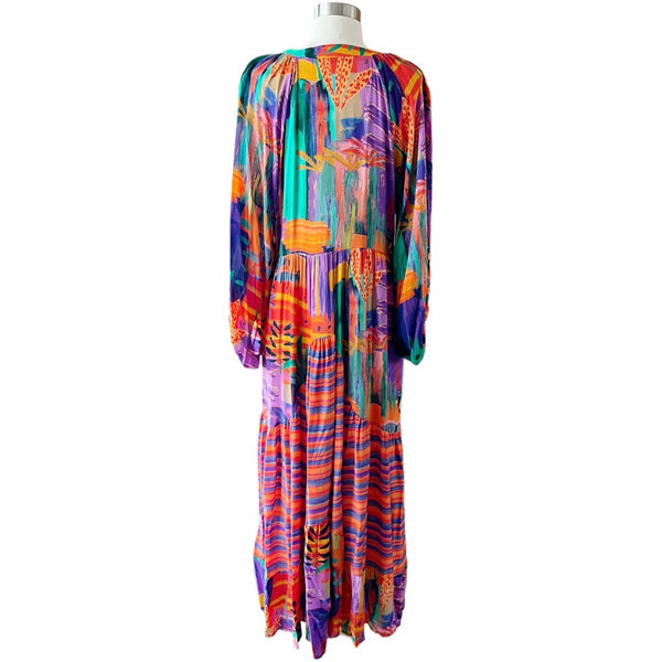 Colorful Maxi Dress Oversized V-Neck Long Sleeves Tropical Bold Print Large NEW