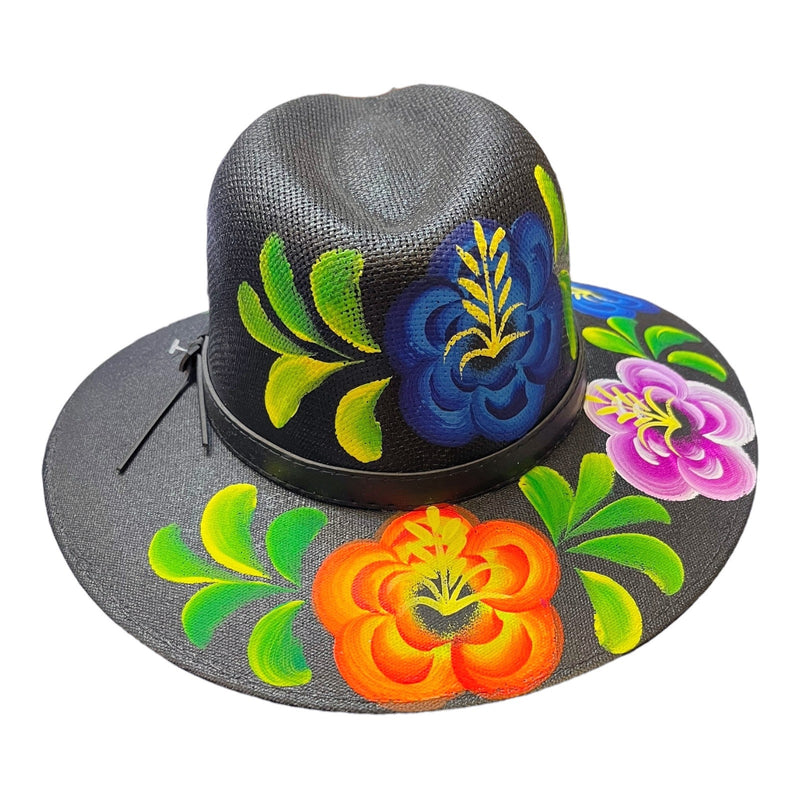HAT MEXICAN Artisanal Hand Painted Fedora Floral Sombrero Panama Bohemian Black