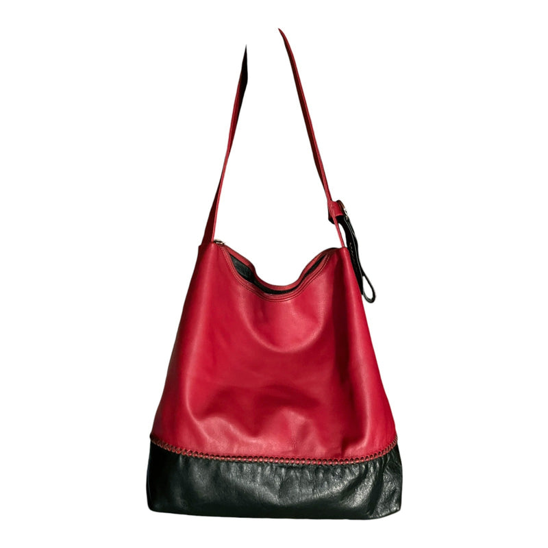 ARCADIA Leather Shoulder Bag Red/Black Bi-Color Bag Hobo Tote Italy Top Zip EUC