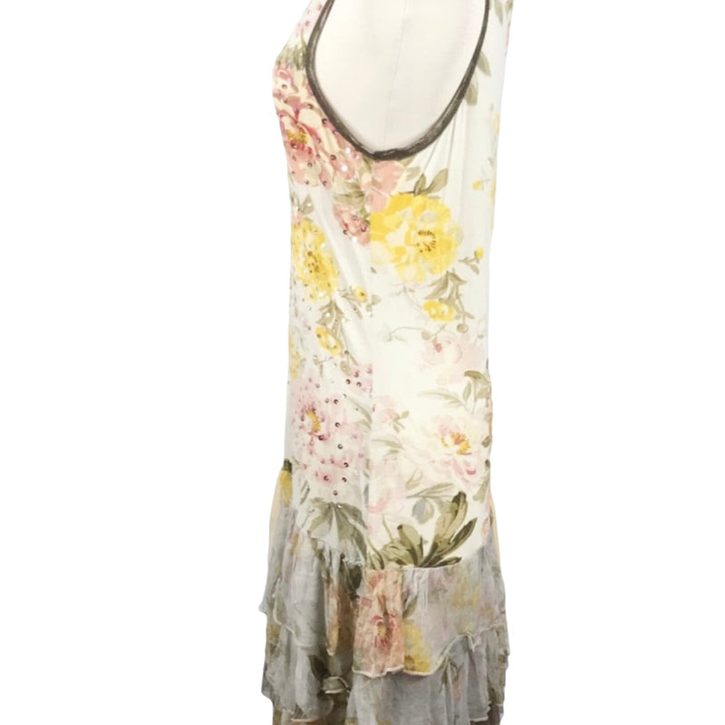 ALBERTO MAKALI Jersey Dress Floral Sequins Tulle Ruffles Hem Sleeveless Small