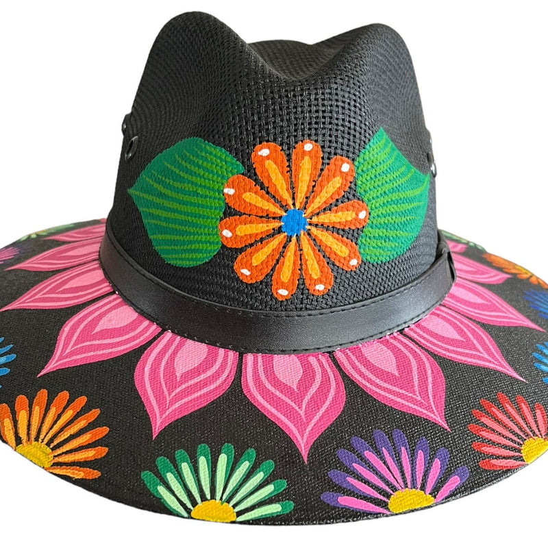HAT MEXICAN Artisanal Hand Painted Fedora Floral Sombrero Panama Bohemian Black