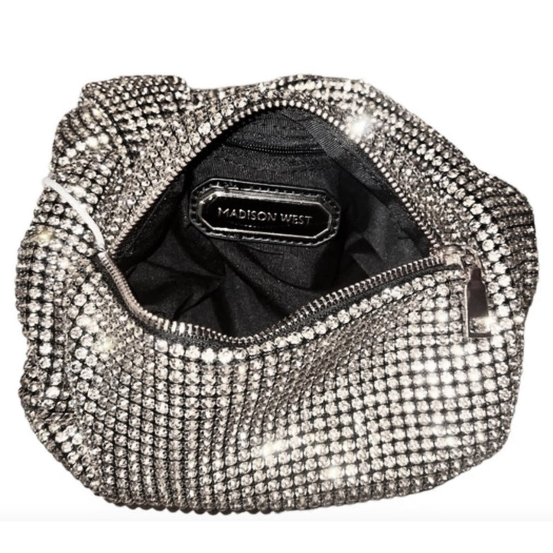 MADISON WEST Bring on the Bling Bag Silver Crystals Evening Party Black Lining