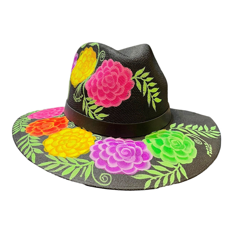 HAT MEXICAN Artisanal Hand Painted Fedora Floral Sombrero Panama Bohemian Black