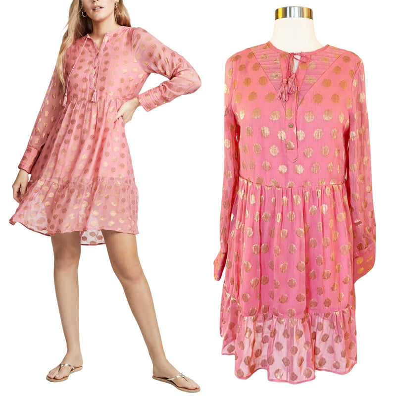 CECILIE COPENHAGEN Dea Dress Mini Jacquard Tunic Pink Gold Floral Sorbet Small