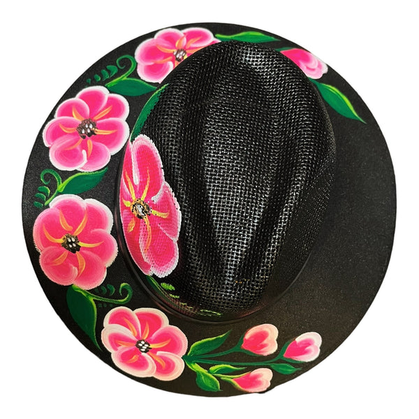 HAT MEXICAN Artisanal Hand Painted Fedora Floral Sombrero Panama Bohemian Black