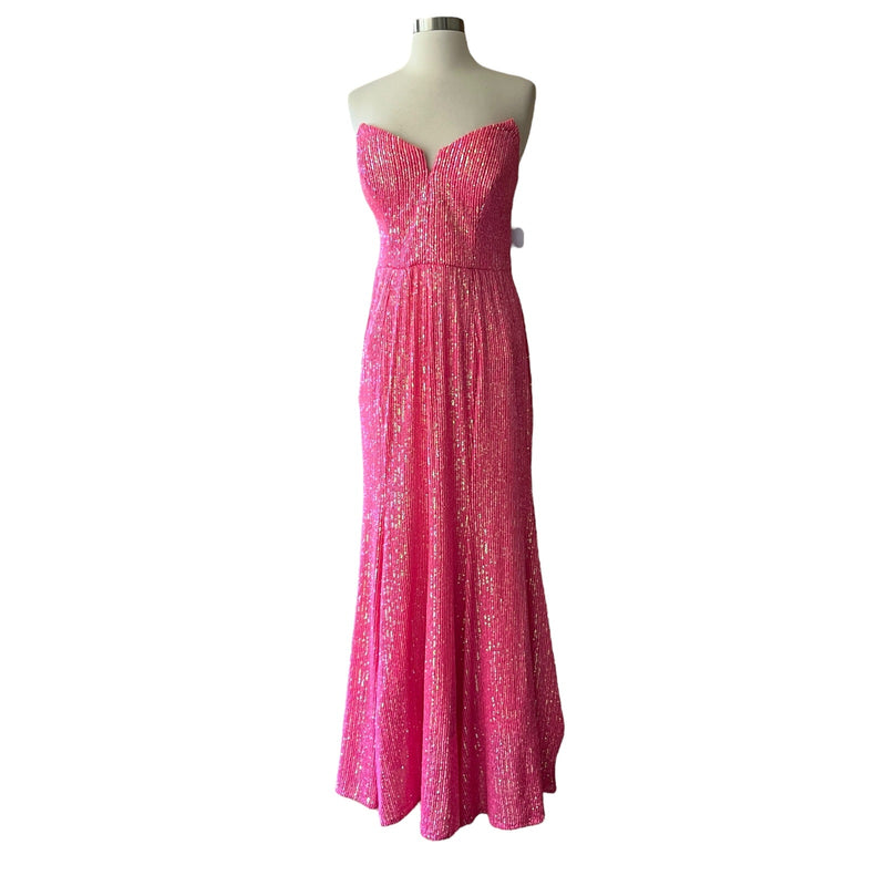 CAMILLE LA VIE NEON PINK Trumpet Gown Dress Strapless Sequins Sleeveless 12