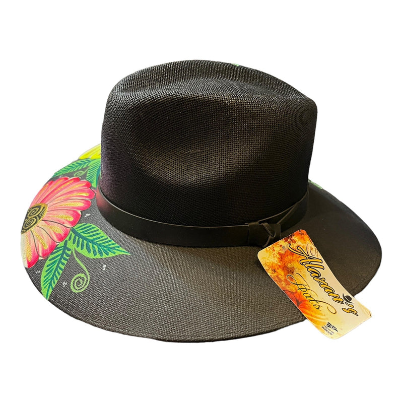 HAT MEXICAN Artisanal Hand Painted Fedora Floral Sombrero Panama Bohemian Black