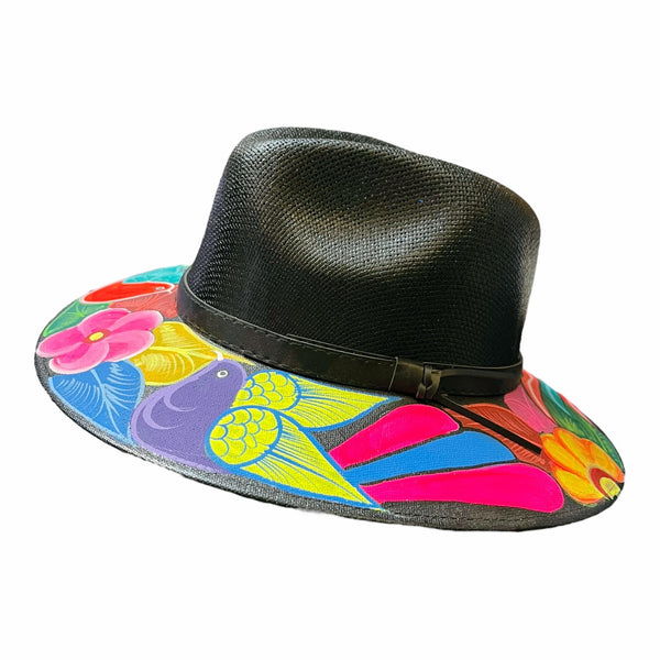 HAT MEXICAN Artisanal Hand Painted Fedora Floral Sombrero Panama Bohemian Black