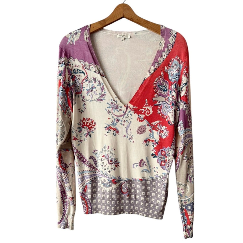 ETRO Milano Silk Paisley Sweater Knit Tank V-Neck Red Cream Italy IT46 Large EUC