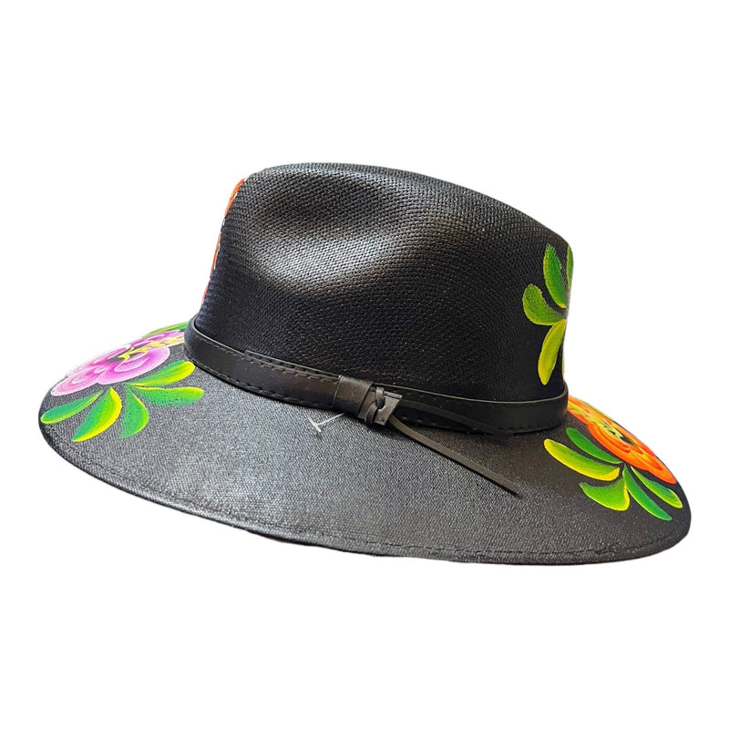 HAT MEXICAN Artisanal Hand Painted Fedora Floral Sombrero Panama Bohemian Black