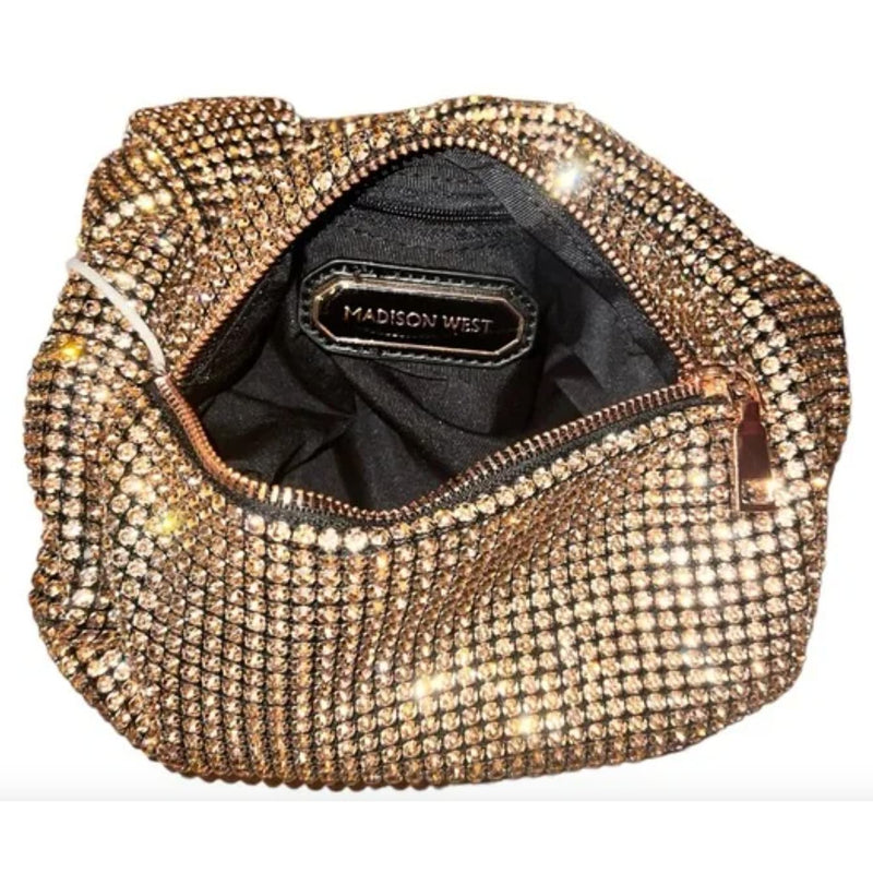 MADISON WEST Bring on the Bling Bag Gold Crystals Evening Party Black Lining NEW