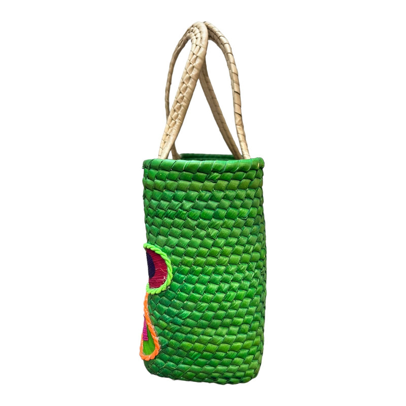 Mexican Natural Weaved Straw Tote Bag HANDMADE Zipper Green Floral Palm Small