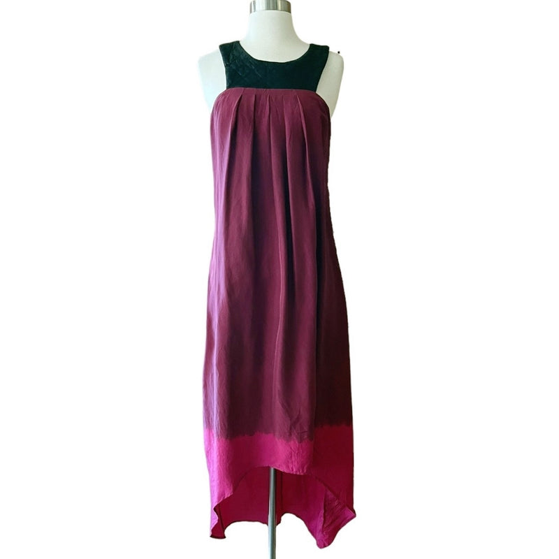 AS BY DF Silk Dress Leather Top Trim Sleeveless Burgundy Ombre Hi - Lo Medium