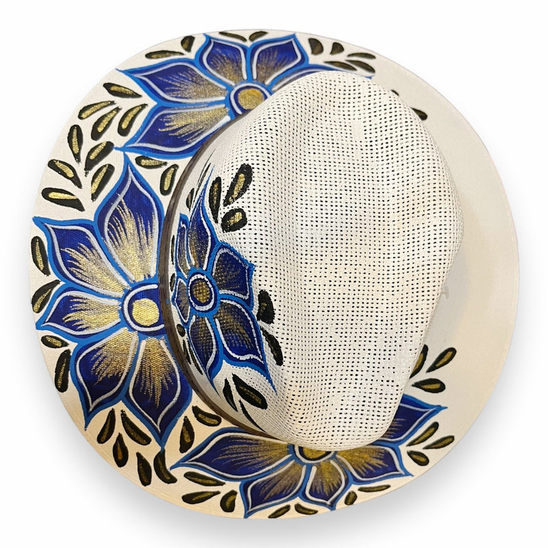 HAT MEXICAN Artisanal Hand Painted Fedora Floral Sombrero Panama Bohemian White