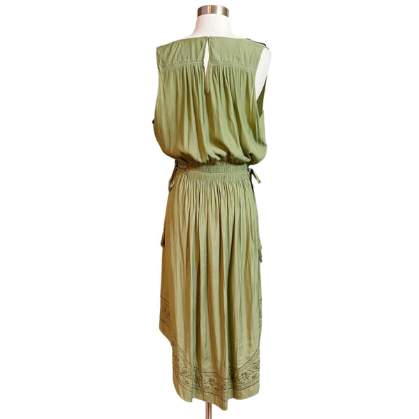 RAMY BROOK Hayley Green Dress V-Neck Drawstring Embroidered Hem Midi Large EUC