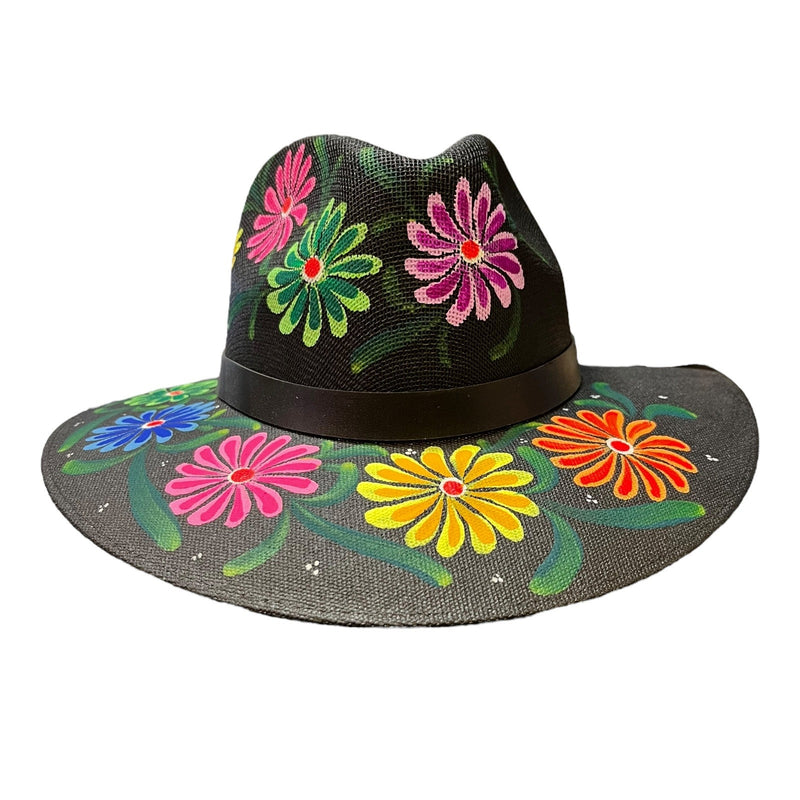 HAT MEXICAN Artisanal Hand Painted Fedora Floral Sombrero Panama Bohemian Black