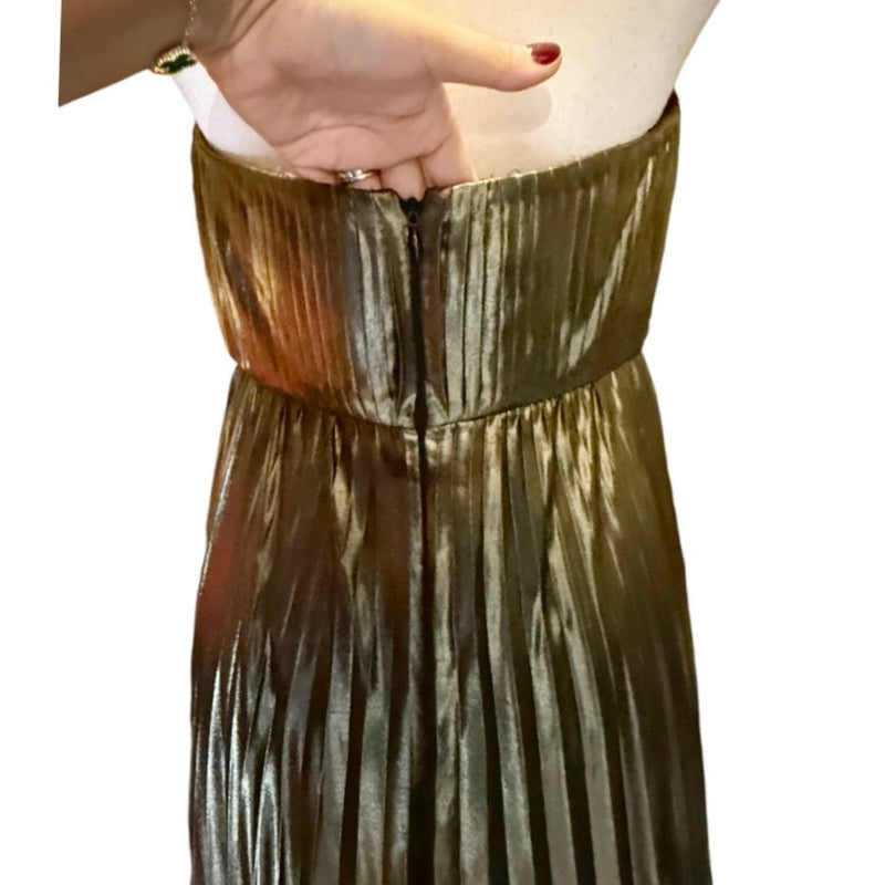 AIDAN MATTOX Pleated Folied Chiffon Halter Gown Bronze Metallic Maxi 4 EUC