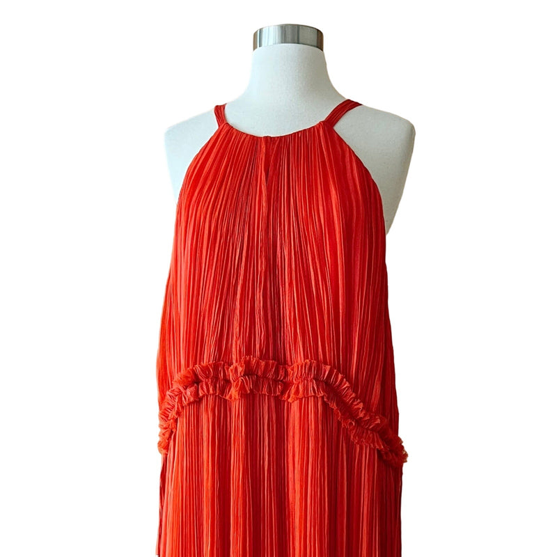 MARIA LUCIA HOHAN Maella Silk Tent Dress Red Chiffon Ruffled Plisse Halter Gown