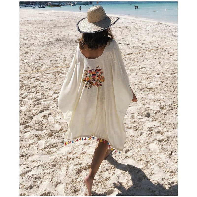 BEACH COVER UP KIMONO T. ZOVICH Otomi Graphic Shawl Natural Print Ruana Bohemian