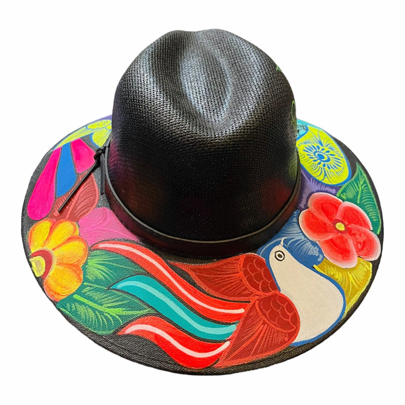 HAT MEXICAN Artisanal Hand Painted Fedora Floral Sombrero Panama Bohemian Black