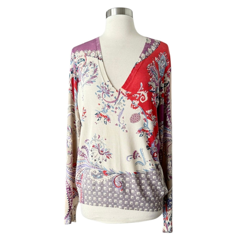 ETRO Milano Silk Paisley Sweater Knit Tank V-Neck Red Cream Italy IT46 Large EUC