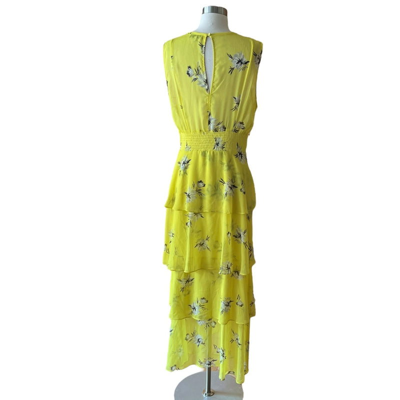 GREAT JONES Floral Silky Chiffon Tiered Dress Maxi Sleeveless Yellow Crew Neck