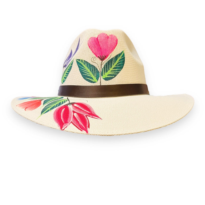 HAT MEXICAN Artisanal Hand Painted Fedora Floral Sombrero Panama Bohemian White