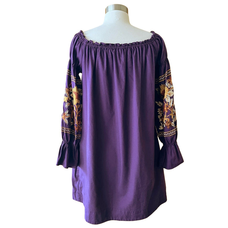 FREE PEOPLE Mini Dress Fleur du Jour Embroidered Tunic Purple Off the Shoulder