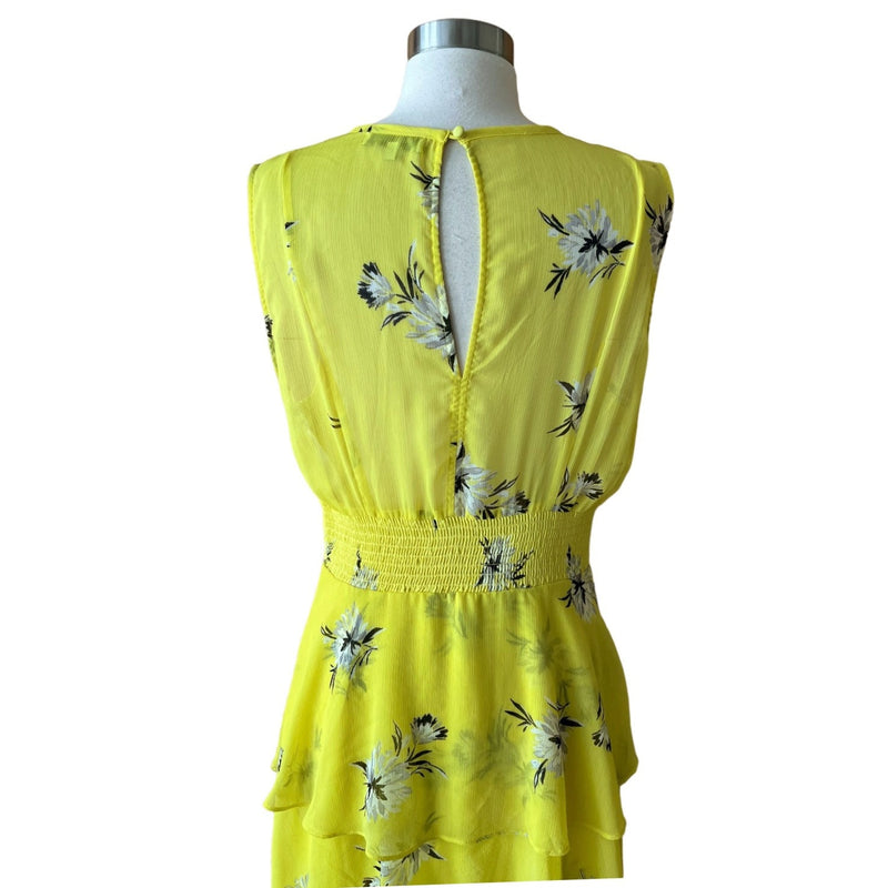 GREAT JONES Floral Silky Chiffon Tiered Dress Maxi Sleeveless Yellow Crew Neck