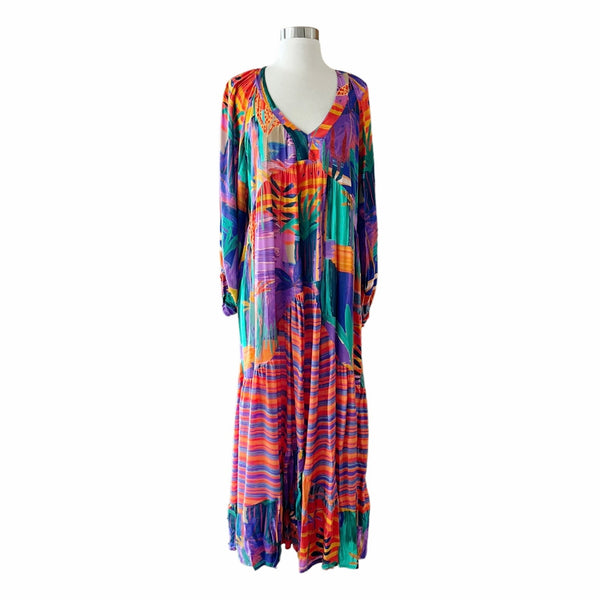 Colorful Maxi Dress Oversized V-Neck Long Sleeves Tropical Bold Print Large NEW
