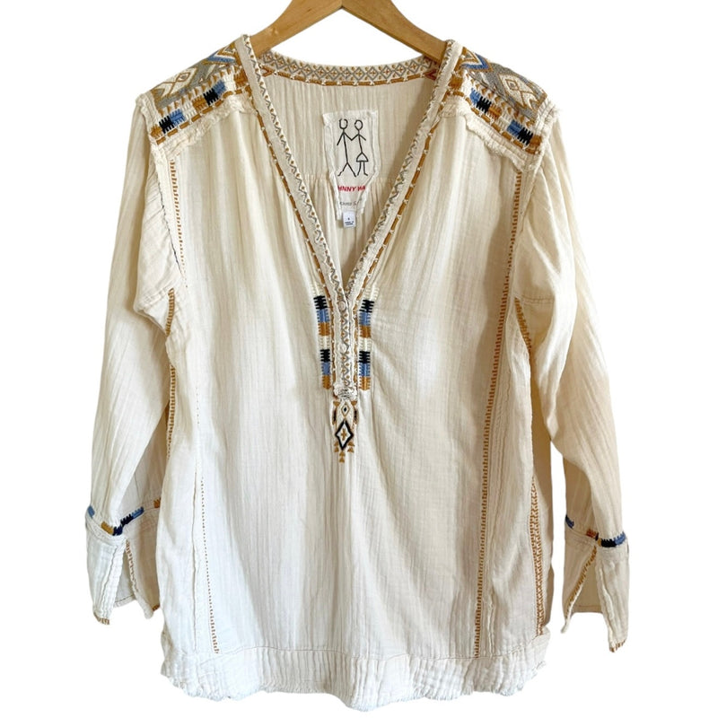 JOHNNY WAS Moby Gauze Tunic Embroidered V-Neck Long Bell Sleeves Cotton Small