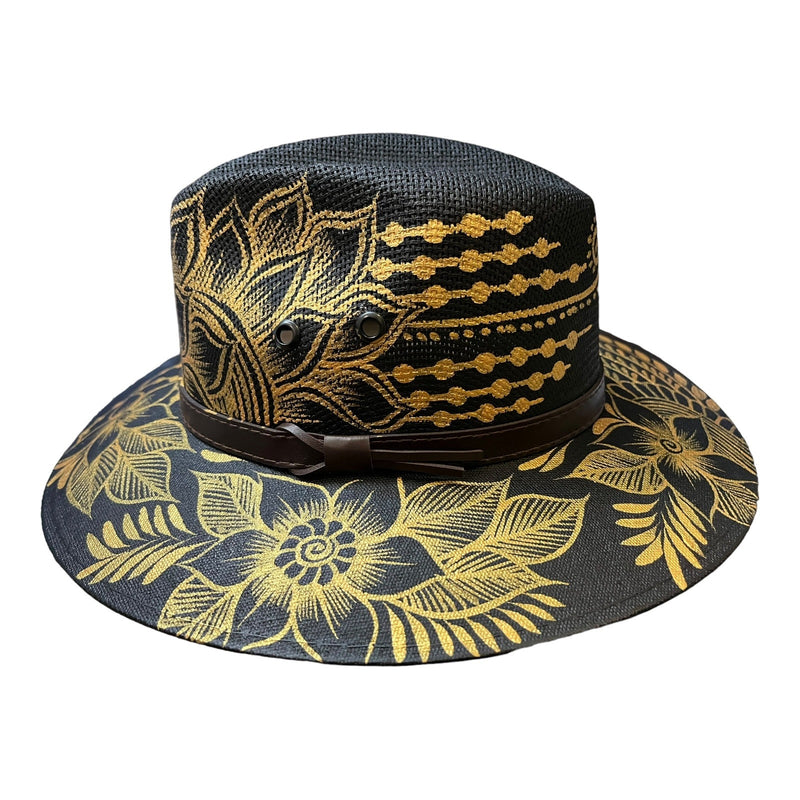 MEXICAN HAT Artisanal Hand Painted Fedora Floral Sombrero Panama Bohemian Black