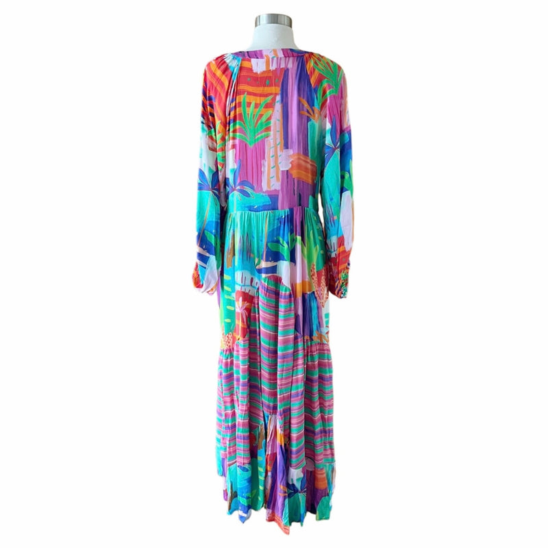 Colorful Maxi Dress Oversized V-Neck Long Sleeves Tropical Bold Print Medium NEW