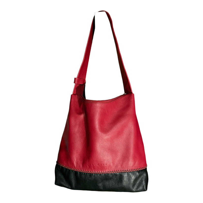 ARCADIA Leather Shoulder Bag Red/Black Bi-Color Bag Hobo Tote Italy Top Zip EUC