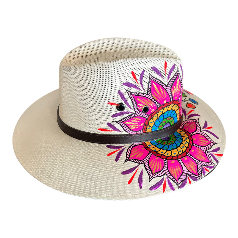 HAT MEXICAN Artisanal Hand Painted Fedora Mandala Sombrero Panama Bohemian White