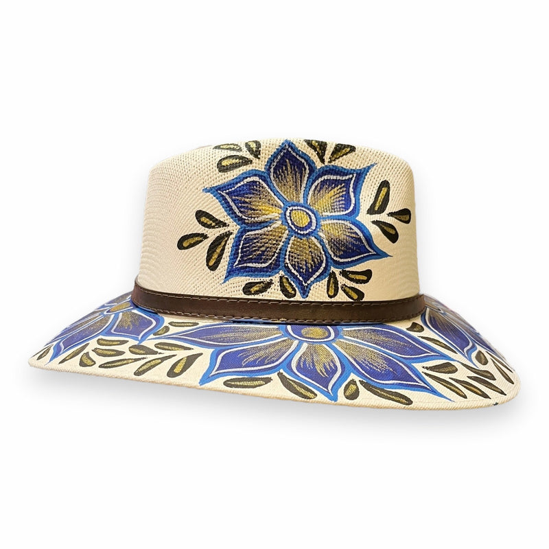HAT MEXICAN Artisanal Hand Painted Fedora Floral Sombrero Panama Bohemian White