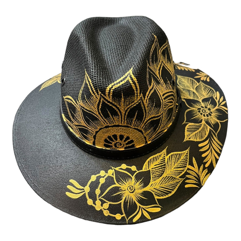 HAT MEXICAN Artisanal Hand Painted Fedora Floral Sombrero Panama Bohemian Black