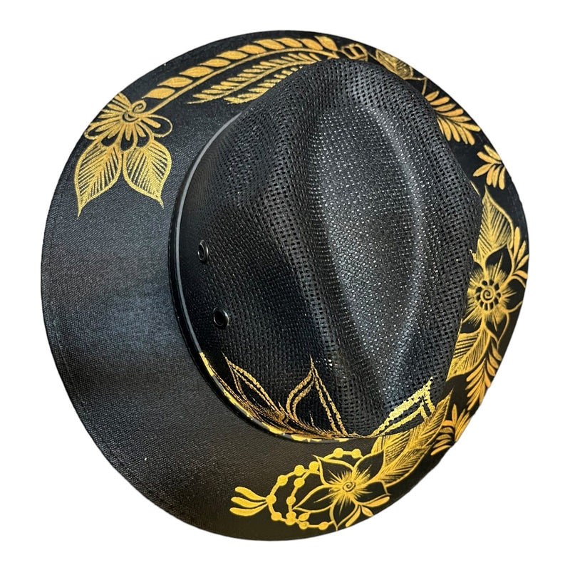 HAT MEXICAN Artisanal Hand Painted Fedora Floral Sombrero Panama Bohemian Black